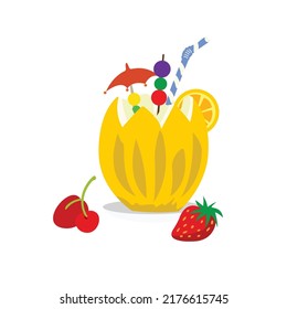 Illustration of a cocktail with lemon oranges, strawberries, and cherry melon.