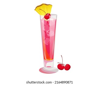 Ilustración del cóctel "Singapore sling". Bebida alcohólica de verano con rodaja de piña y cerezo.Bar clásico de copas altas.