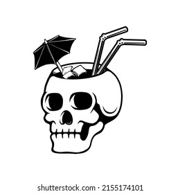 Illustration of cocktail skull. Summer theme. Design element for poster, card, banner, emblem, sign. Vector illustration