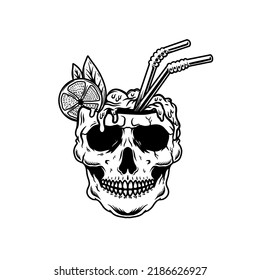 Illustration of cocktail skull. Summer theme. Design element for poster, card, banner, emblem, sign. Vector illustration