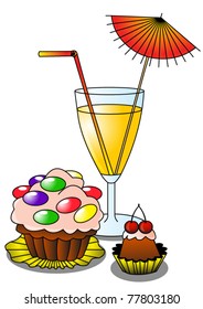 illustration cocktail with umbrella and fruit cake