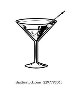 Illustration of cocktail in vintage monochrome style. Design element for logo, label, sign, poster, card, badge. Vector illustration