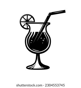Illustration of cocktail in vintage monochrome style. Design element for logo, label, sign, poster, card, badge. Vector illustration