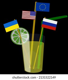 illustration of cocktails of russia, ukraine, united states and european union. war and tension between Russia and Ukraine