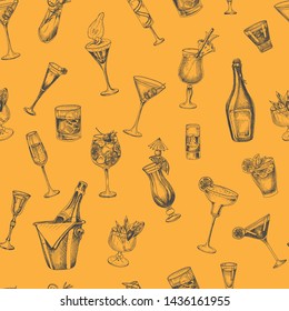 Illustration with cocktails sketches. Hand drawn pattern cocktails bar menu.