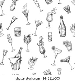 Illustration with cocktails sketches. Hand drawn pattern cocktails bar menu.