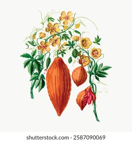 Illustration of cocoa pods and flowers. Cocoa pods hanging, surrounded by vibrant flowers. Cocoa and flowers create a lively, botanical design. Vintage art illustration, vector.