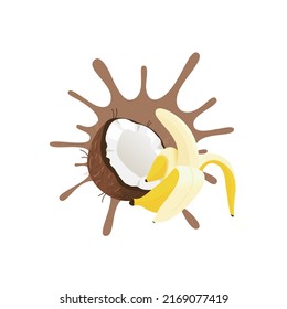 The Illustration of coconut, banana and cocoa. Can be ingredients for the coctails or flavor of any food or cosmetics.