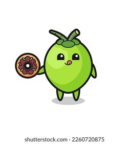illustration of an coconut character eating a doughnut