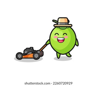 illustration of the coconut character using lawn mower