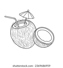 Illustration of a coconut with a cocktail inside with straws and an umbrella. Doodle style. Black outline isolated on white background.