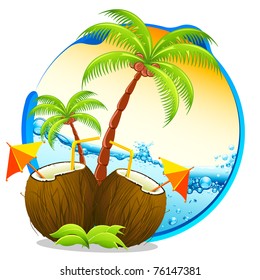 illustration of coconut cocktail with palm tree on tropical background