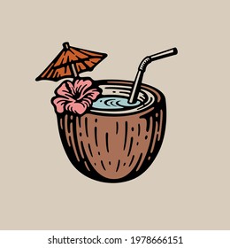 Illustration of a coconut cocktail with straws and an umbrella. Doodle style.