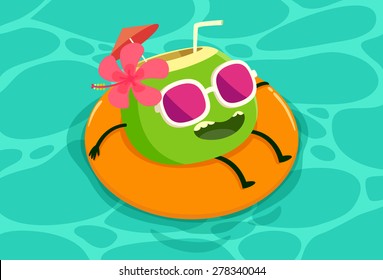 Ilustración de la bebida de coco en el tubo de caucho relajándose en la piscina.