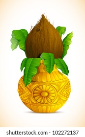 illustration of coconut in golden mangal kalash for hindu festival