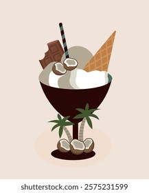 Illustration Coconut Ice Cream Corn and Chocolate Bar Taste ,Palms