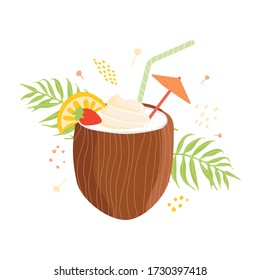 Illustration of a coconut with ice cream, straw, umbrellas and delicious decorative elements. Trending flat illustration for beach, restaurant, cafe, t-shirts