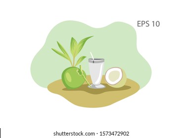 Illustration of coconut and juice, flat vector image.