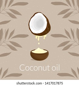 Illustration with coconut and coconut oil and oil with cream and cream on a brown background