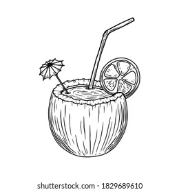 Ilustración de concha de coco con cóctel. Elemento de diseño para afiche, tarjeta, pancarta, menú. Ilustración del vector