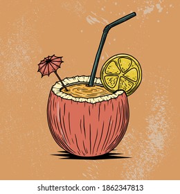 Ilustración de concha de coco con cóctel. Elemento de diseño para afiche, tarjeta, pancarta, menú. Ilustración del vector