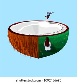 An illustration of a coconut and a skate park with a boy skating.