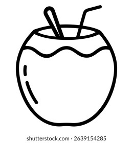 Illustration of a coconut with straw inside, presented in a simple outline, perfect for summer themed projects.