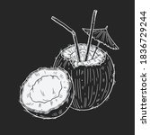 Illustration of a coconut with a straw, umbrella and half of the coconut beside. White outline on a dark background. Doodle chalk drawing style.