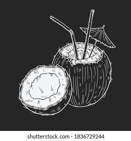 Ilustración de un coco con paja, paraguas y medio coco al lado. Borde blanco sobre un fondo oscuro. Estilo de dibujo de tiza Doodle.