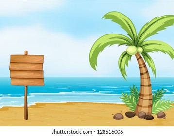Illustration of a coconut tree and an empty board at the beach