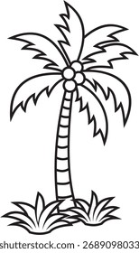 Ilustración de un árbol de coco con su fruto rodeado de hierba