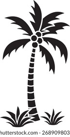 Illustration of a coconut tree with its fruit surrounded by grass