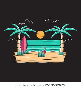 Illustration of coconut tree with island in the middle of the ocean. Can be used for t-shirt design, background, and other uses.