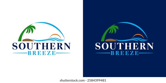 Illustration of coconut tree logo with beach atmosphere, beach plant vector, sunset landscape design.