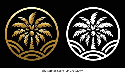 An illustration of a coconut tree logo in gold and silver can be used for a company logo