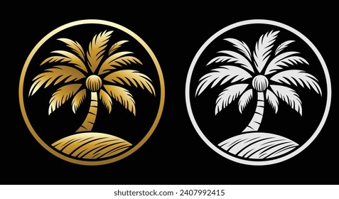 An illustration of a coconut tree logo in gold and white can be used for a company logo