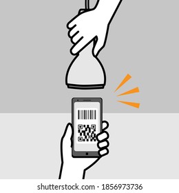 Illustration of a code reader scanning a QR code on a smartphone screen
