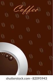 Illustration of a coffee background with a white cup of coffee and coffee grains