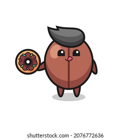 illustration of an coffee bean character eating a doughnut , cute style design for t shirt, sticker, logo element