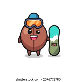 Illustration of coffee bean character with snowboarding style , cute style design for t shirt, sticker, logo element