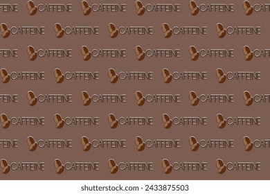 Illustration of the coffee beans with caffeine character on brown background.