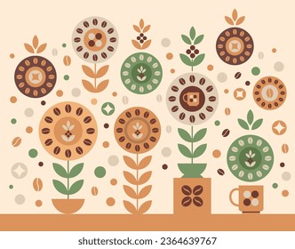 Illustration with coffee beans and flowers in minimalistic style. Packaging design for coffee shop. Vector print with circular shapes for menu, cafe wall, banners.