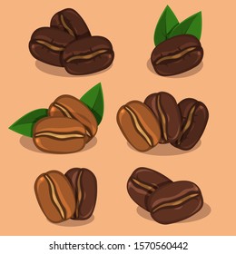 Illustration of coffee beans with green leafs with shadow