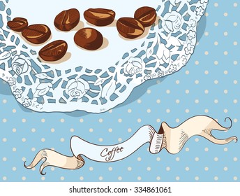 Illustration of coffee beans on blue background.