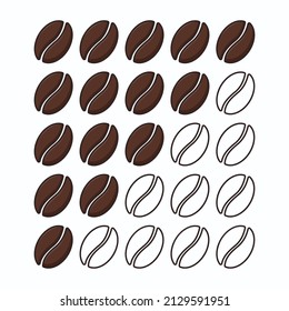 Illustration of coffee beans. Coffee roast degree and strength concept, rating or scale. Stock vector illustration. Isolated white background.