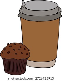 ilustração de café e bolachas muffin composição ilustração desenhada à mão. Vetor gráfico linha tinta colorido arte. design para gráficos de moda, impressões têxteis, tecidos, papéis de parede.
