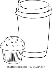 ilustração de café e bolachas muffin composição ilustração desenhada à mão. Tinta de linha gráfica vetorial Arte em preto e branco. design para gráficos de moda, impressões têxteis, tecidos, papéis de parede.
