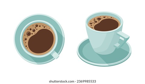 Ilustración de café en una taza azul. Vista superior e isométrica. Vector aislado.