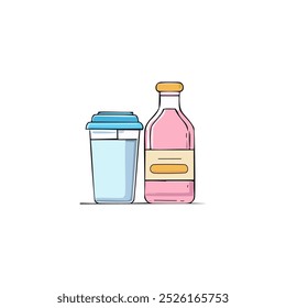 Illustration of coffee bottle and a glass with juice. Breakfast food items doodle vector.