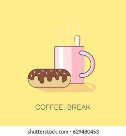 An illustration of coffee break with cup of coffee or tea and a chocolate donut. A vector clip art in simple flat design with light yellow background